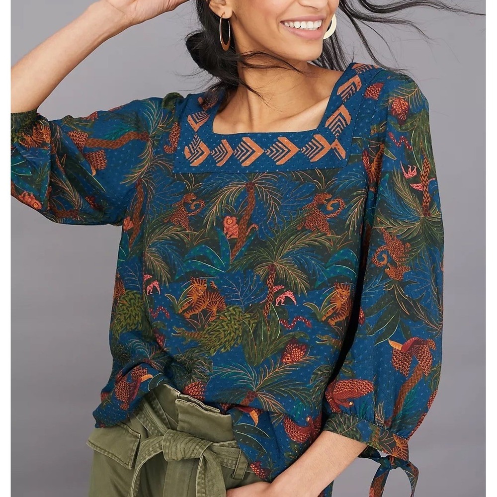 NWT Farm Rio Anthropologie Bianca Tropical Jungle Motif Blouse Top Small Boho